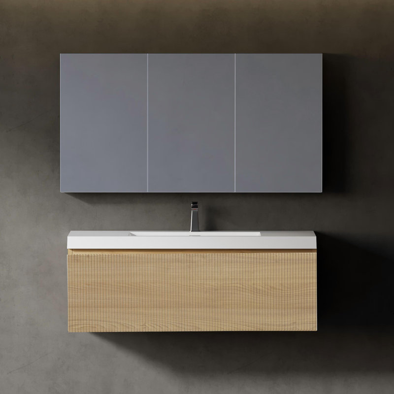 Meuble-lavabo flottant 42 po avec lavabo à surface solide blanc, façade cannelée et tiroirs à fermeture en douceur, finition chêne naturel