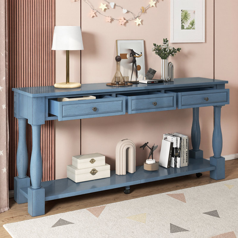 Console 63 po avec 3 tiroirs et tablette méditerranéenne - canapé très long pour entrée / couloir / salon - finition espresso, pieds en bois massif, style rétro vieilli