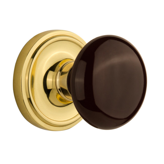 Rosette classique avec bouton de porte en porcelaine brune, Laiton non laqué