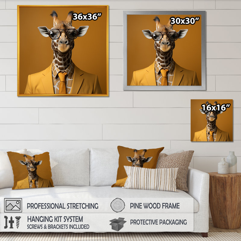 Jaune avec girafe III - art mural girafe, Cadre flottant noir, H 30 po x l 30 po x P 1,5 po