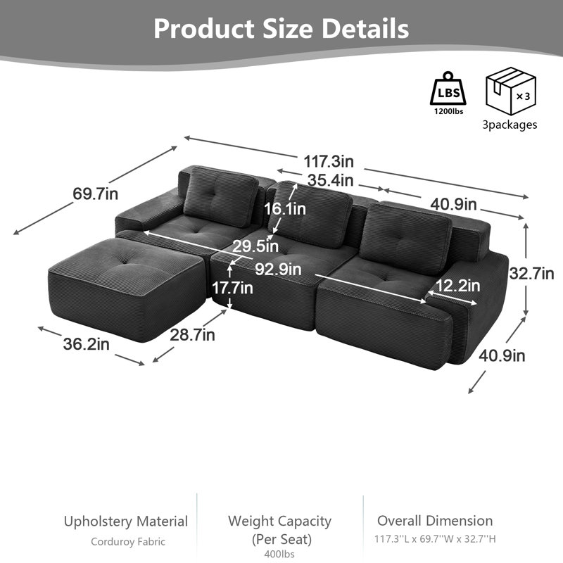 Canapé modulaire en forme de L de 117 po avec repose-pieds mobile, canapé 3 places en velours côtelé de qualité supérieure avec assise profonde, conception capitonnée et base antidérapante sans assemblage