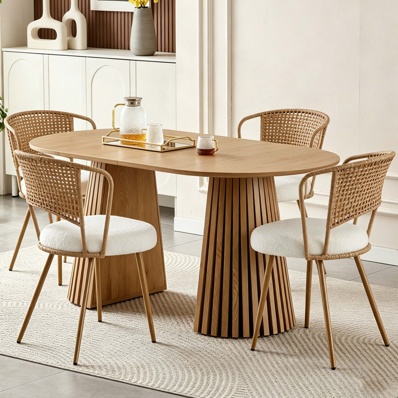 Ensemble de table et chaises de salle à manger en bois massif 4 pièces, 5 Pieces: Table, 4 Chairs, Ivory/Brown
