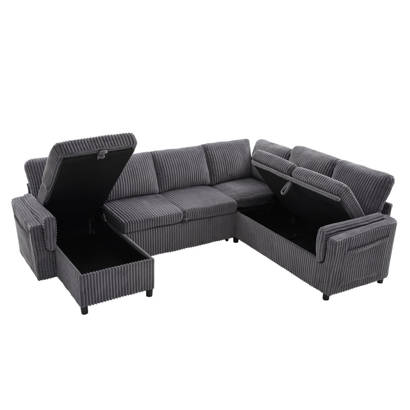 Canapé-lit modulaire en U en velours côtelé avec ports USB et rangement 111 po Haven, Grey