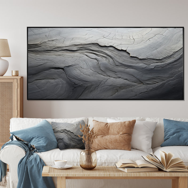 «Gray and White Stone River III - Abstract», reproduction d'art murale, H 28 po x l 60 po x P 1,5 po, Cadre flottant noir
