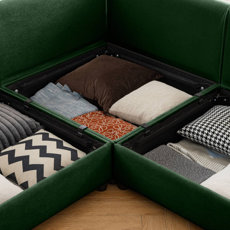 L-Shaped Upholstered Modular Sectional With Storage Ottoman, Green Chenille