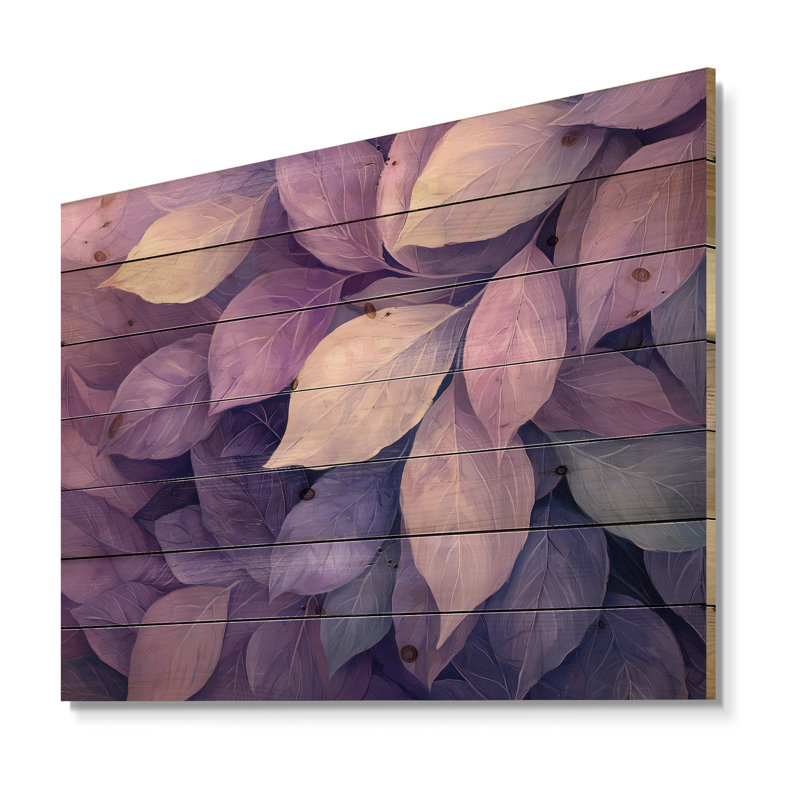 Toile lilas avec feuilles de forêt II - impression sur bois de feuilles - sur bois de pin naturel, H 24 po x l 32 po
