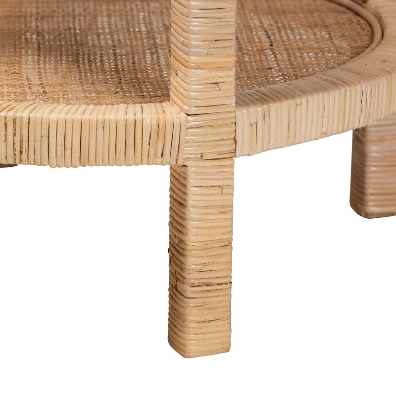 Bella Natural Mahogany Wood and Rattan 2-Tier Round Accent Table