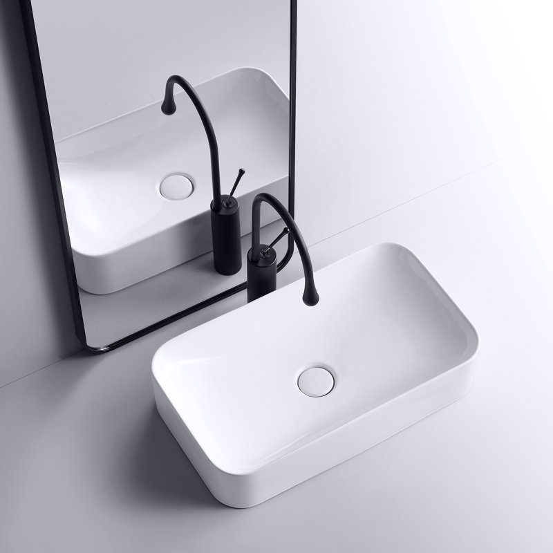 24" L x 13" W Crisp White Vitreous China Rectangular Vessel Bathroom Sink with Pop-Up Drain