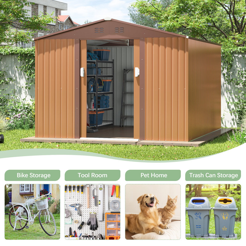 9.1 x 10.5 Ft Coffee Metal Outdoor Storage Shed with Windows