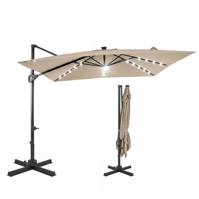 10 FT Cantilever Patio Umbrella with 32 Solar LED Lights, 360° Rotation, Easy Tilt Beige