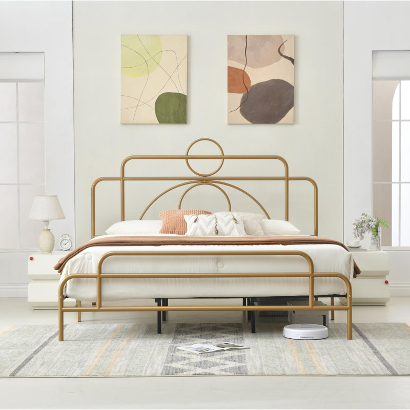 Metal Bed with Headboard and Footboard,No box Spring,Wooden Slat, Gold, King