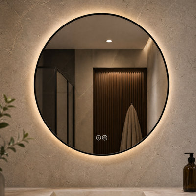 24" Round Black Aluminum Framed LED Bathroom Mirror with Dimmable 3-Color Lighting & Anti-Fog