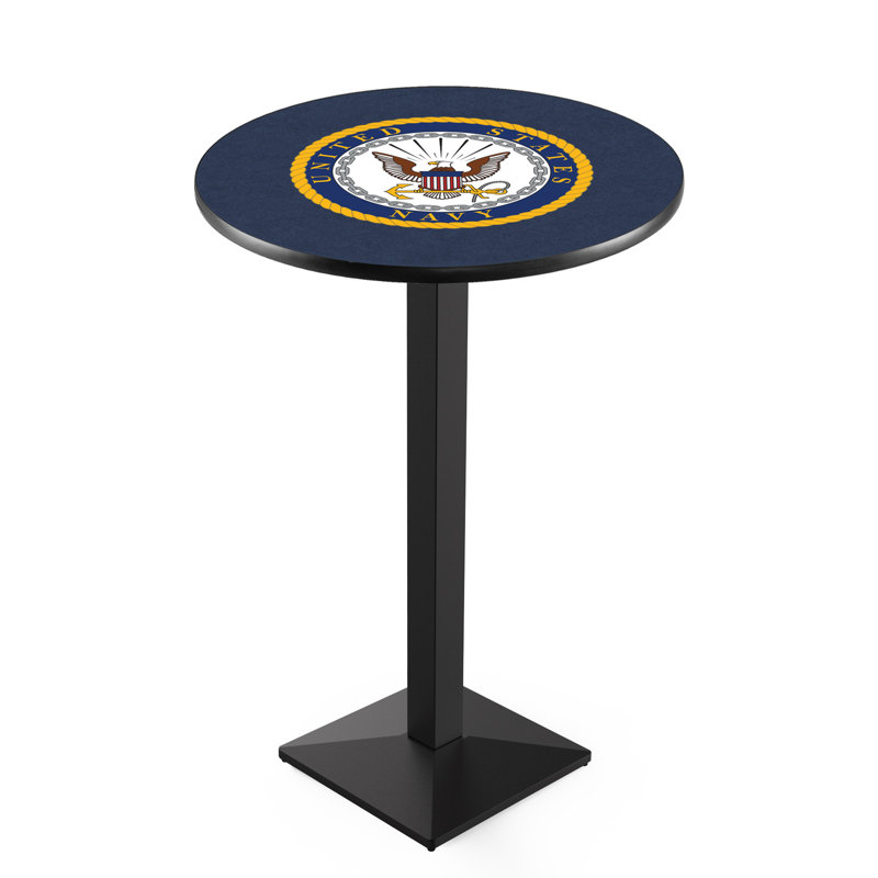Military Round Metal Base Dining Table, United States Navy, Black Wrinkle
