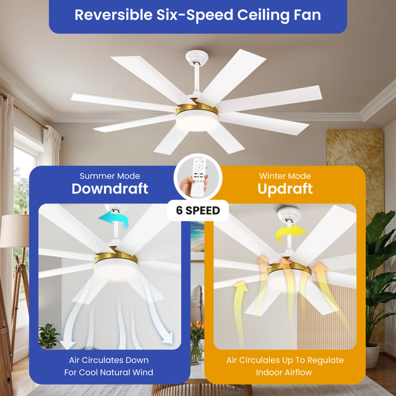 Chemane 60'' Ceiling Fan with LED Lights, White, Gold/White
