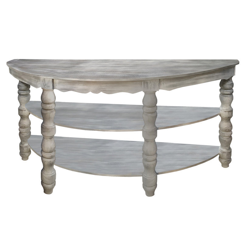 Console demi-lune en bois avec 2 tablettes et pieds tournés, gris