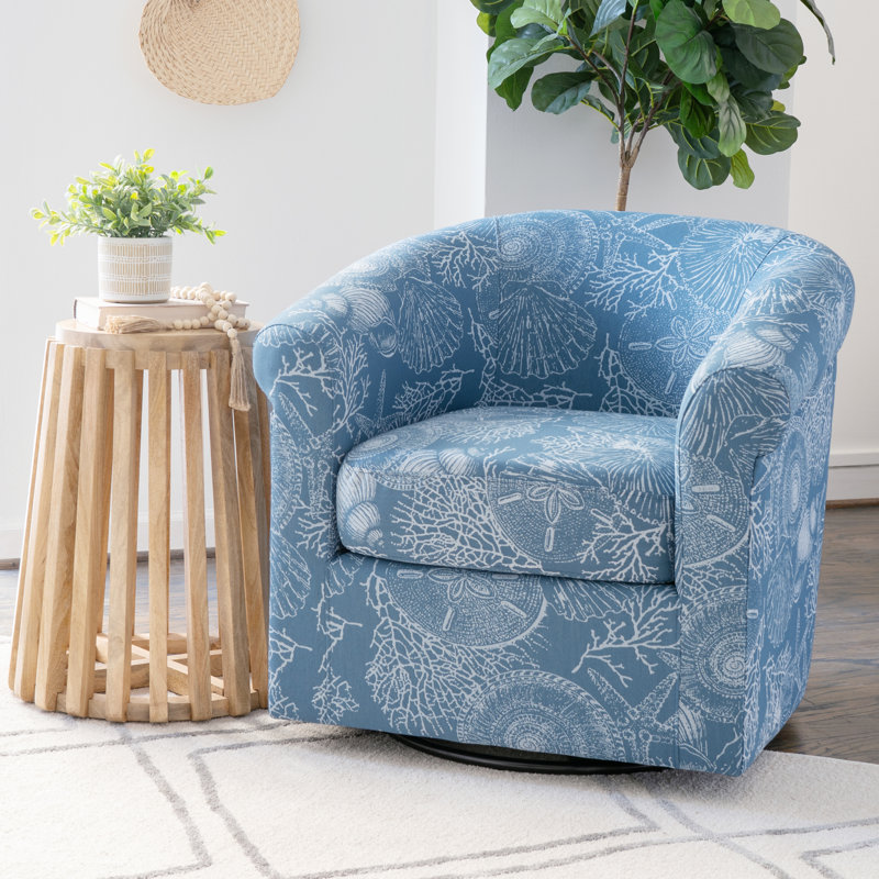 Meigs Upholstered Swivel Coastal Barrel Club Chair, Blue/White