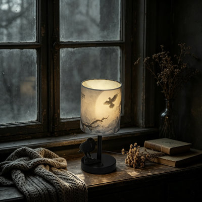 Gothic Raven Table Lamp With LED Bulb - Edgar Allan Poe Inspired Nevermore Decor, Dark Academia Desk Light For Library, Bedroom, Or Study