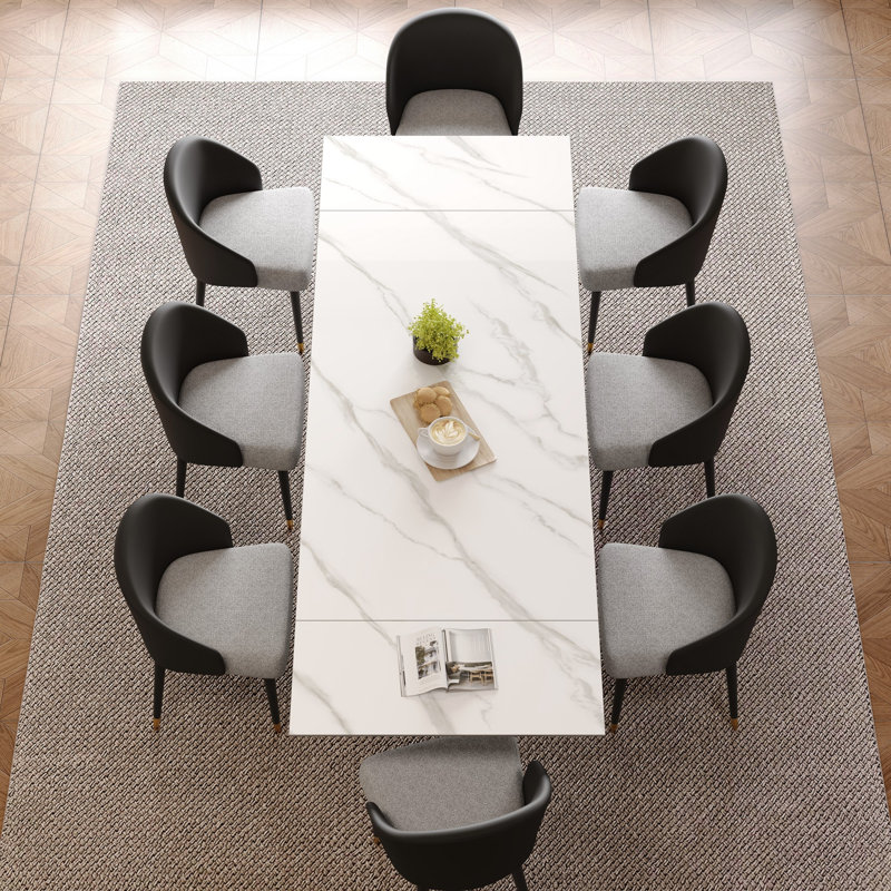 Ensemble de salle à manger extensible en pierre frittée 94,48 po avec 8 chaises en cuir Russile, Blanc, Noir