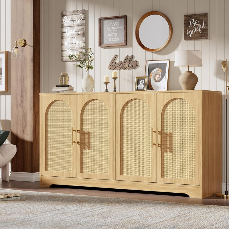 59” Sideboard Buffet Cabinet - Large Credenza Storage with 4 Rattan Doors, Modern Console Table Accent Coffee Bar Cabinet for Living Room, Kitchen, Hallway, Dining Room, Entryway 