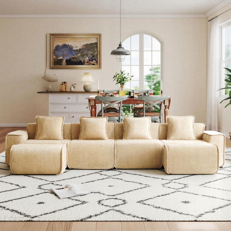 Boneless 6-Seat Modular L Shape Velvet Sectional Boneless Sofa, No Assembly Required with French Edge Piping