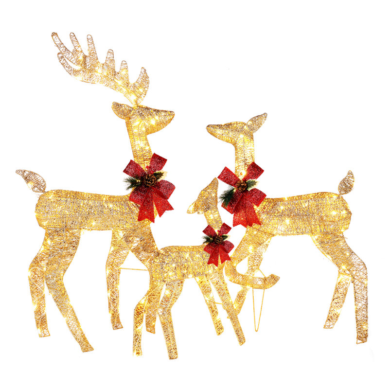 Golden 3-Piece Lighted Christmas Reindeer Family Set with LED Lights