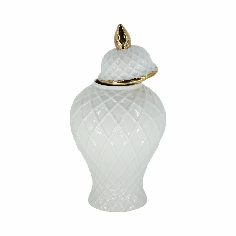 Pot décoratif en céramique avec couvercle texturé et détails élégants Ellport, H 14 po x l 7 po x P 7 po, Blanc / Doré