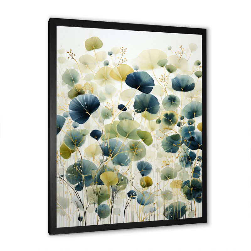«Blue Green Botanical Elegance», art mural botanique abstrait, Cadre simple noir, H 20 po x l 12 po x P 1 po