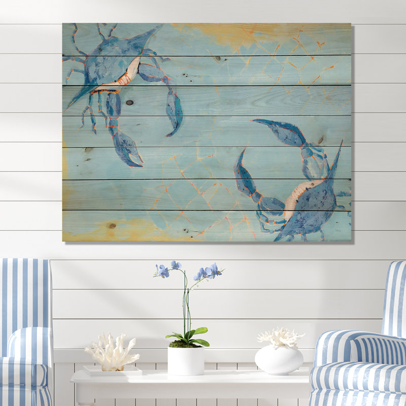 Bataille de crabe côtier bleu - Reproduction nautique et côtière sur bois de pin naturel, H 30 po x l 40 po x P 1,5 po