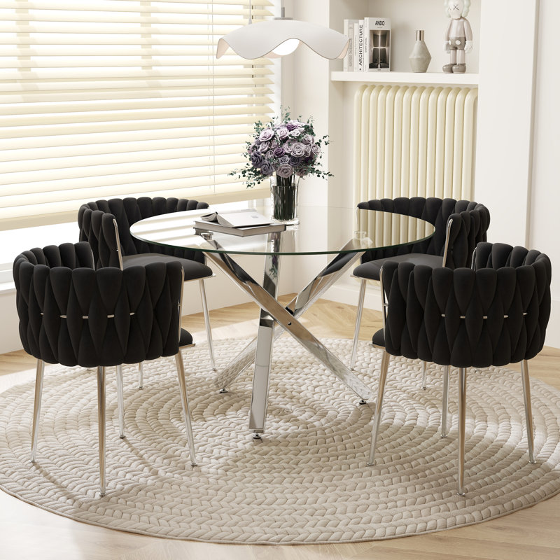 Ensemble de salle à manger Ayron, table de salle à manger avec pieds croisés et chaise de salle à manger en velours, Noir