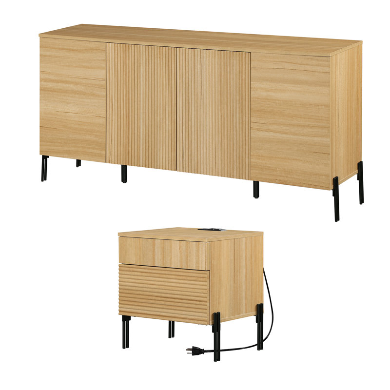 Ensemble de table de chevet et de chevet 2 pièces Modern Minimalist, Chêne