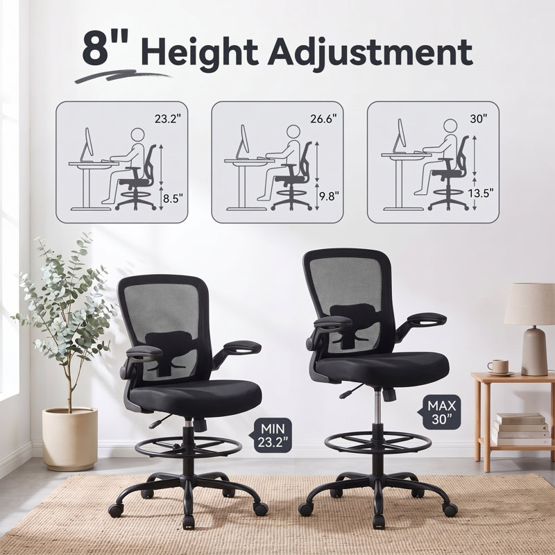 Mesh Drafting Chair with Adjustable Footrest and Lumbar Support, Black, Black