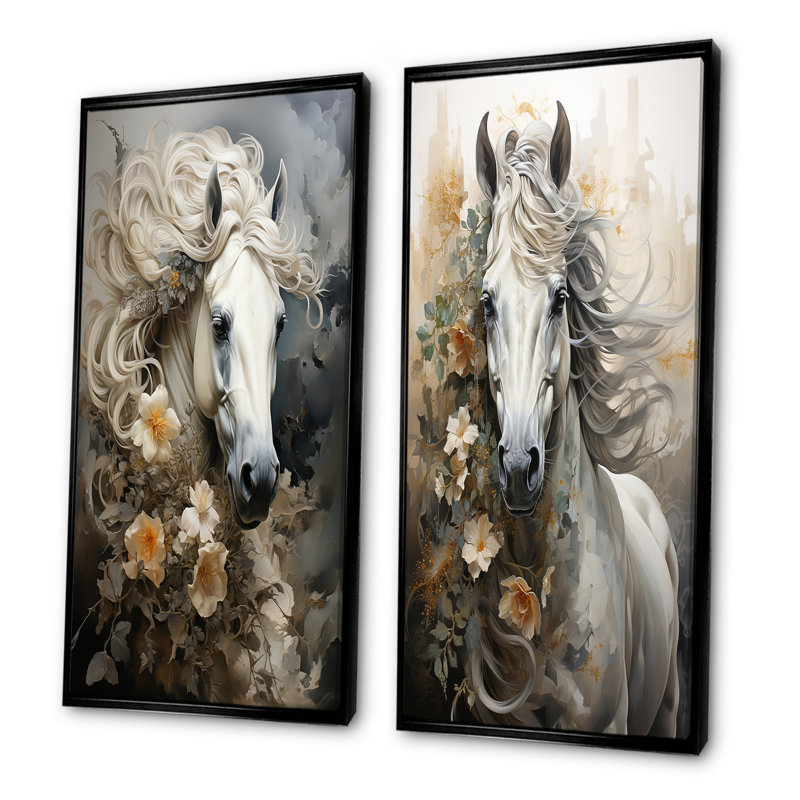 Blooming surréal équin, ensemble de 2 reproductions d'art mural cheval, Cadre noir, H 40 po x l 41 po