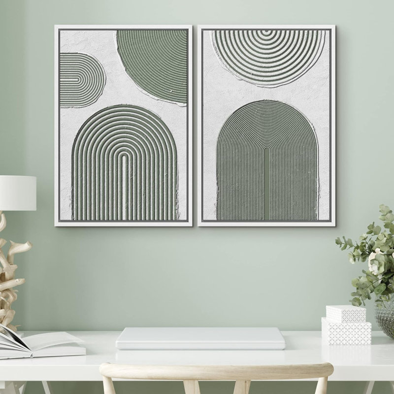 Cercle géométrique vert Mid-Century - ensemble de 2 reproductions sur toile, H 36 po x l 24 po, Blanc