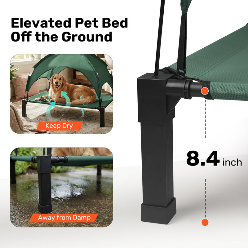 Lit surélevé pour chien avec auvent amovible, Vert