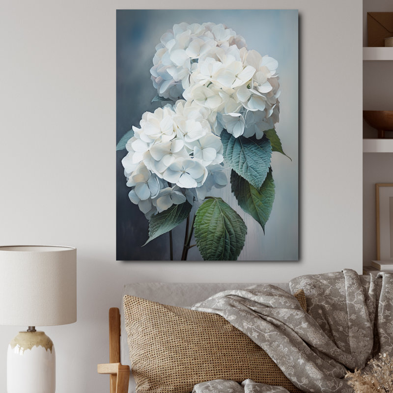 White Hydrangea Whispering Hues - Hydrangea Wall Art, 32" H x 16" W x 1" D, Wrapped Canvas