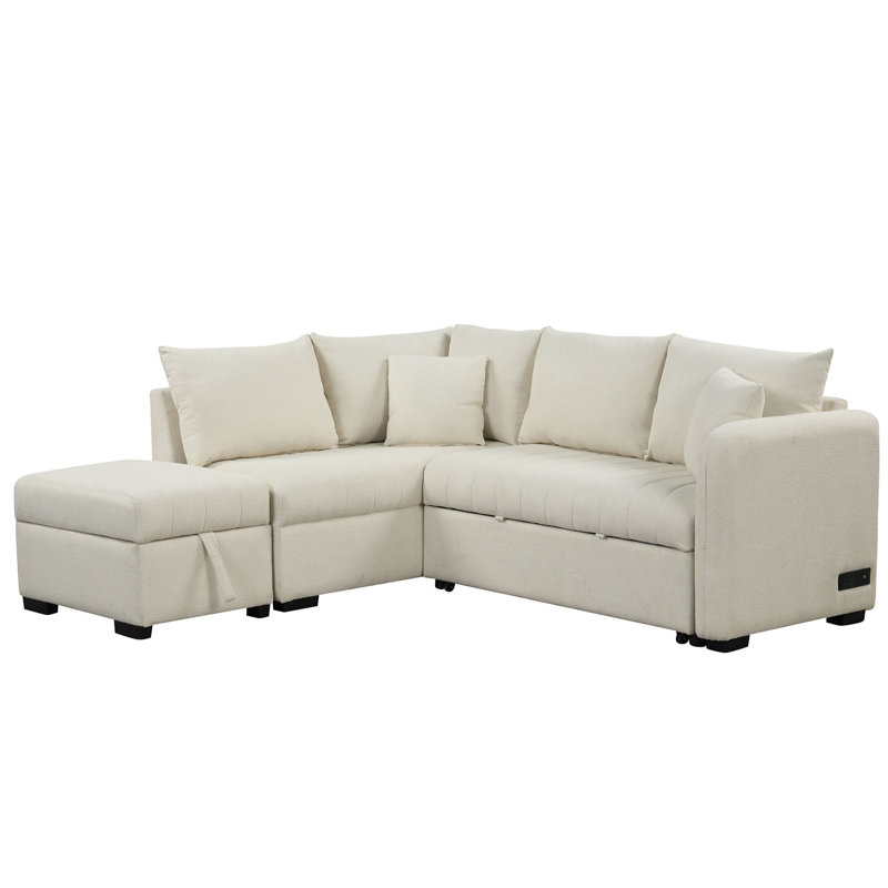 82.6" L-Shaped Sectional Pull Out Sofa Bed Sleeper Sofa With Two USB Ports, Beige Polyester