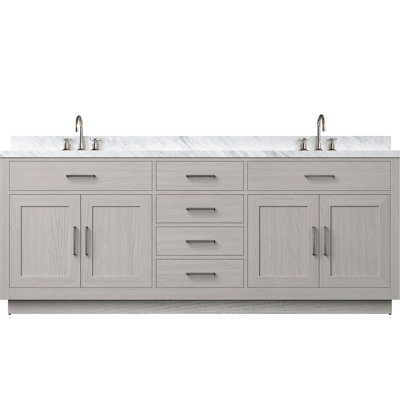 Meuble-lavabo double en chêne blanc, surface en marbre, robinet inclus et meuble-lavabo en bois massif à fermeture douce avec éléments de structure