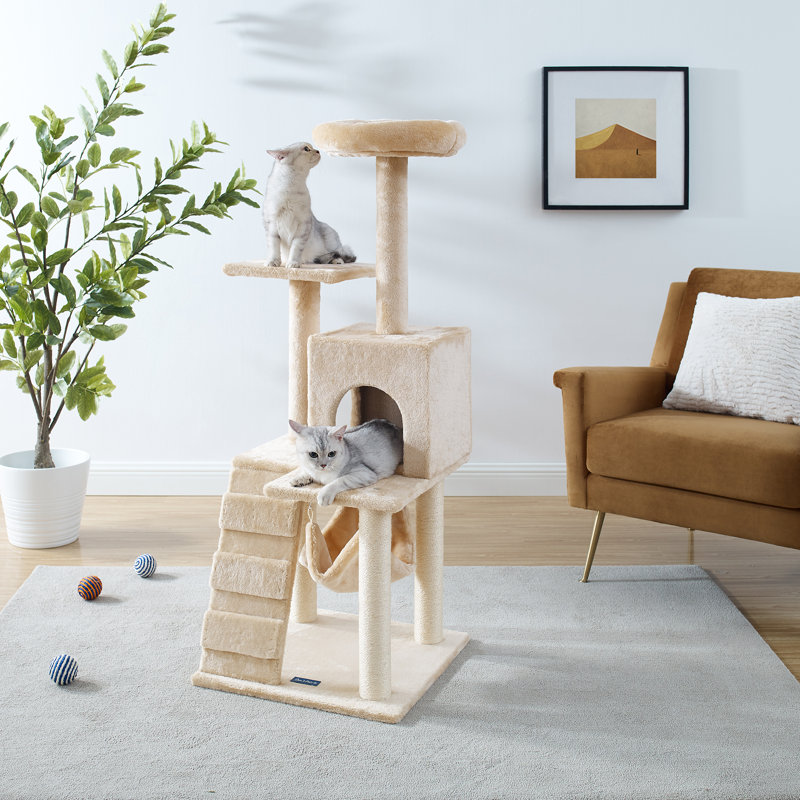 Cream Plush Polyester Double Decker Cat Tree with Hammock