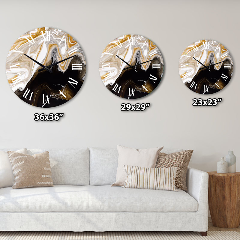 Horloge murale moderne noir et blanc à vagues de marbre liquide II, Grand