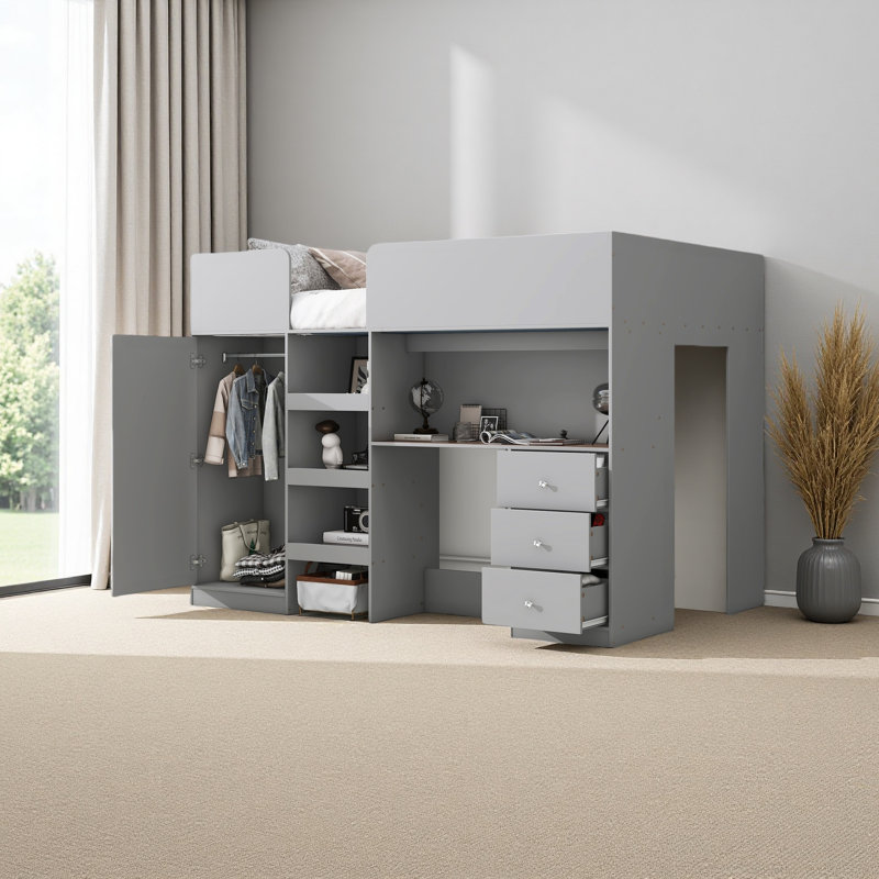 Lit mezzanine double en bois avec garde-robe intégrée, bureau, tablettes de rangement et tiroirs