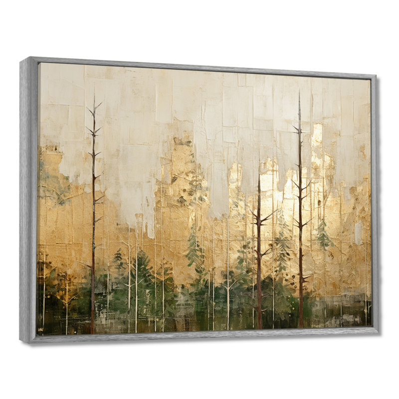 «Minimalisme beige et or forêt I», art mural sur toile forêt, H 24 po x l 32 po x P 1 po, Encadrement argenté