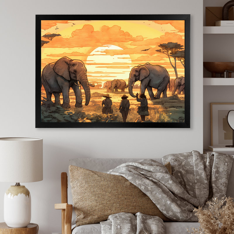 Safari africain jaune avec éléphants sur toile, H 12 po x l 20 po x P 1 po, Cadre photo noir