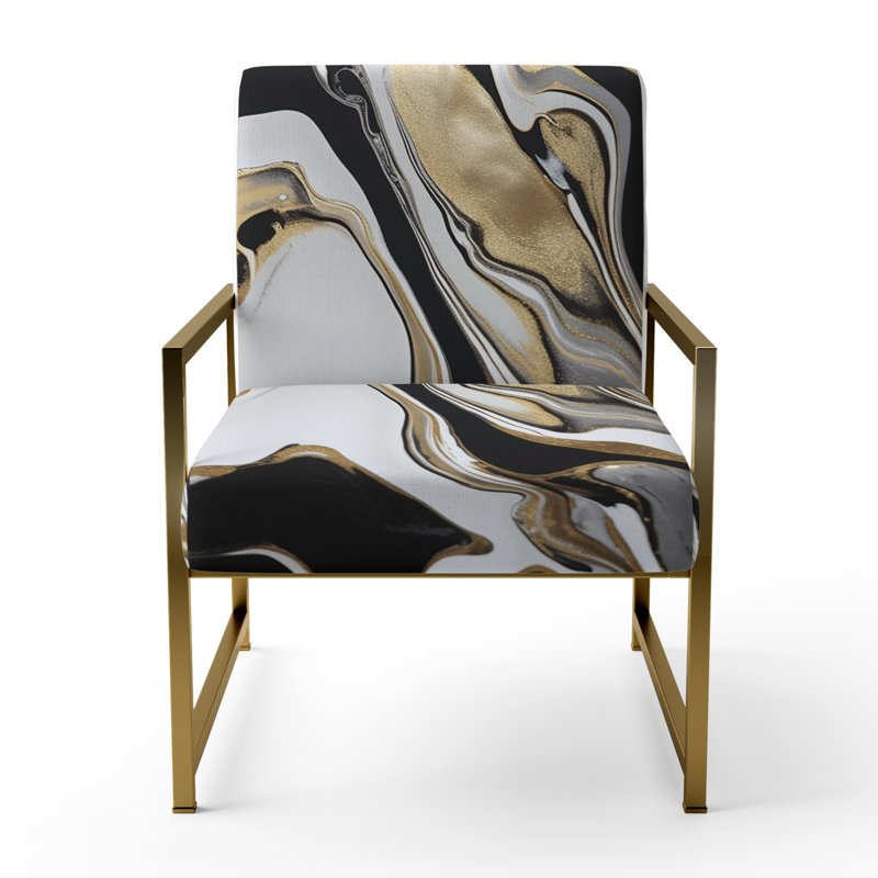 Smooth Grooves Black And Liquid Gold Marble Art - Upholstered Contemporary Arm Chair, Gold Accent Chair, Gold