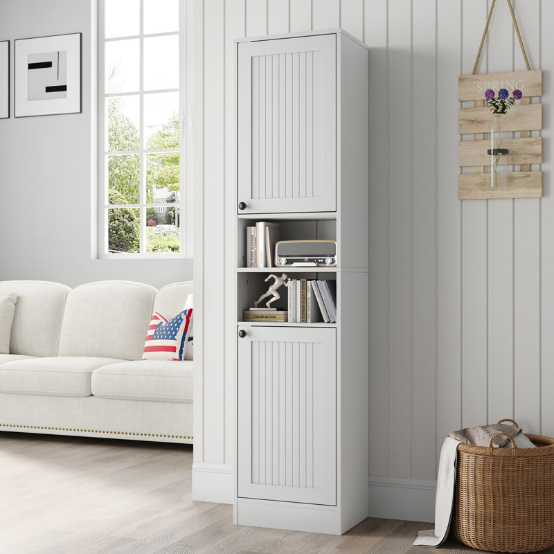 Farmhouse Bathroom Cabinet With 2 Doors, 67" Tall Slim Freestanding Cabinet, Narrow Floor Storage Unit With Open Shelf And Adjustable Shelves For Bathroom, Living Room, Kitchen, White