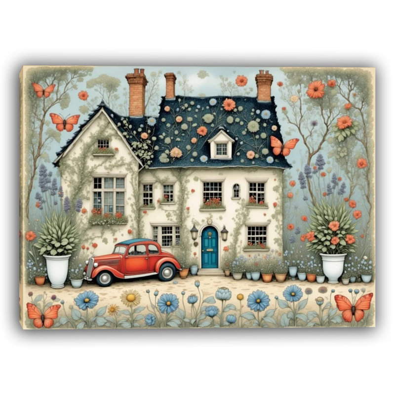 Charmant chalet floral avec voiture rouge, H 36 po x l 48 po