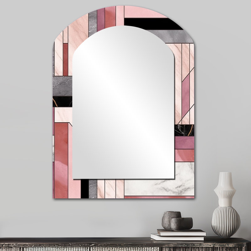Maglio Marble Granite Agate With Touches Of Gold XII - Geometric Arch Decorative Wall Mirror, Pink Asymmetrical Large Mirror, Printed Metal Art