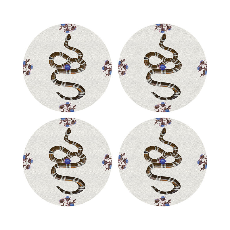 Thistle And Snake Vegan Leather Round Pebble Placemat, Blue White