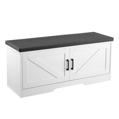 Shoe Storage Bench, 39.4 x 14.0 x 18.1 Inch Shoe Organizer with Padded Seat Cushion, Entryway Bench with 2 Barn Doors and Height Adjustable Shelf, for Hallway, Living Room, Bedroom, White+Black