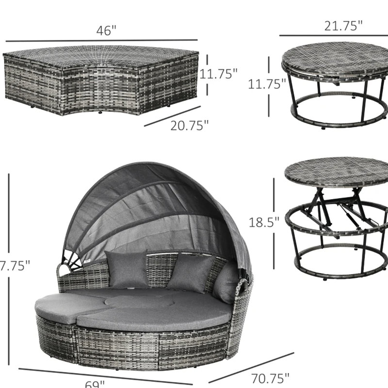 Ensemble de conversation extérieur, lit de jour convertible 4 pièces, couleur principale grise, PE, table réglable, élégant lit de jour de patio, auvent rond rétractable, coussins épais, housses lavables, assemblage requis