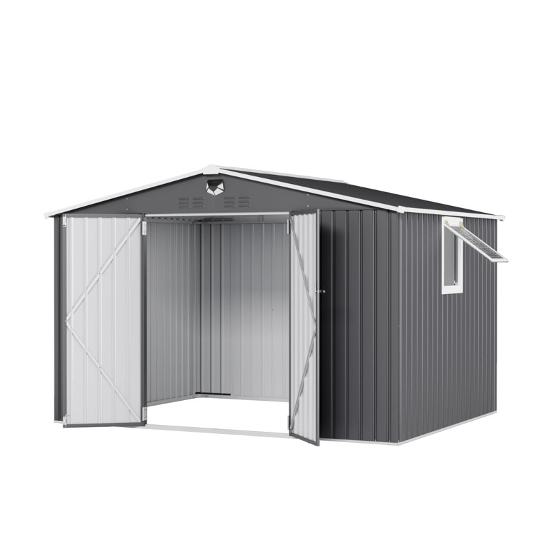 10 Ft. W x 8 Ft. D Metal Storage Shed with Upward-Opening Window, Lockable Doors & Handheld Work Light